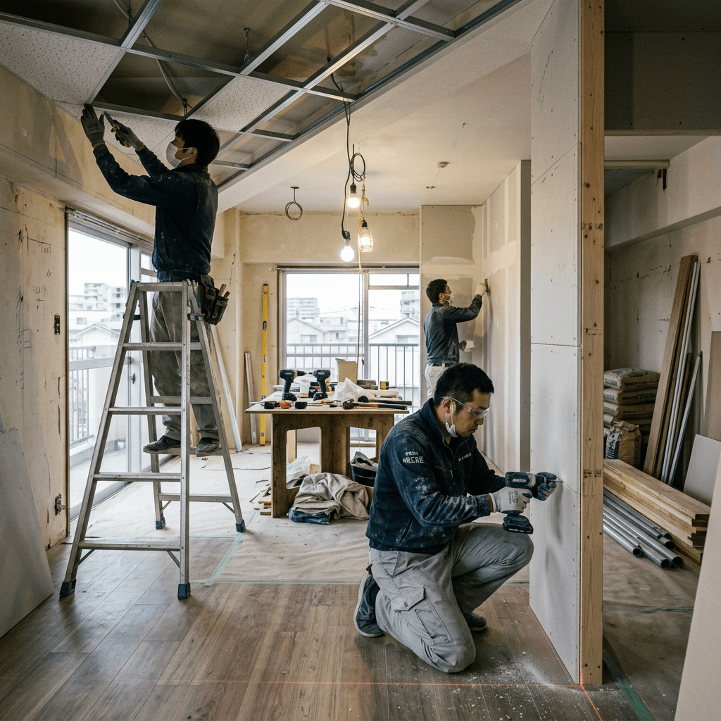 Three construction workers installing drywall and ceiling grid in an apartment under renovation